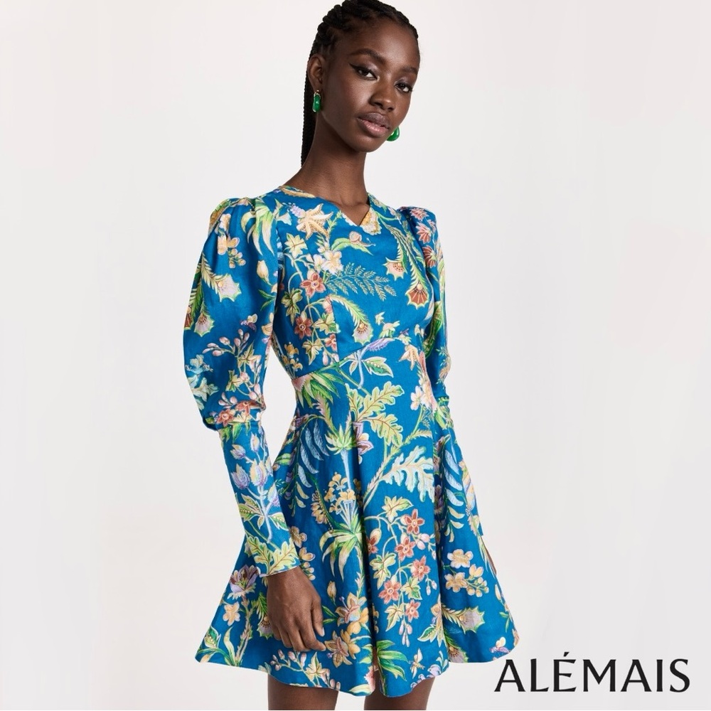 ALÉMAIS **NWT** June Indigo Blue & Multicolor Floral Linen Short/Mini Dress